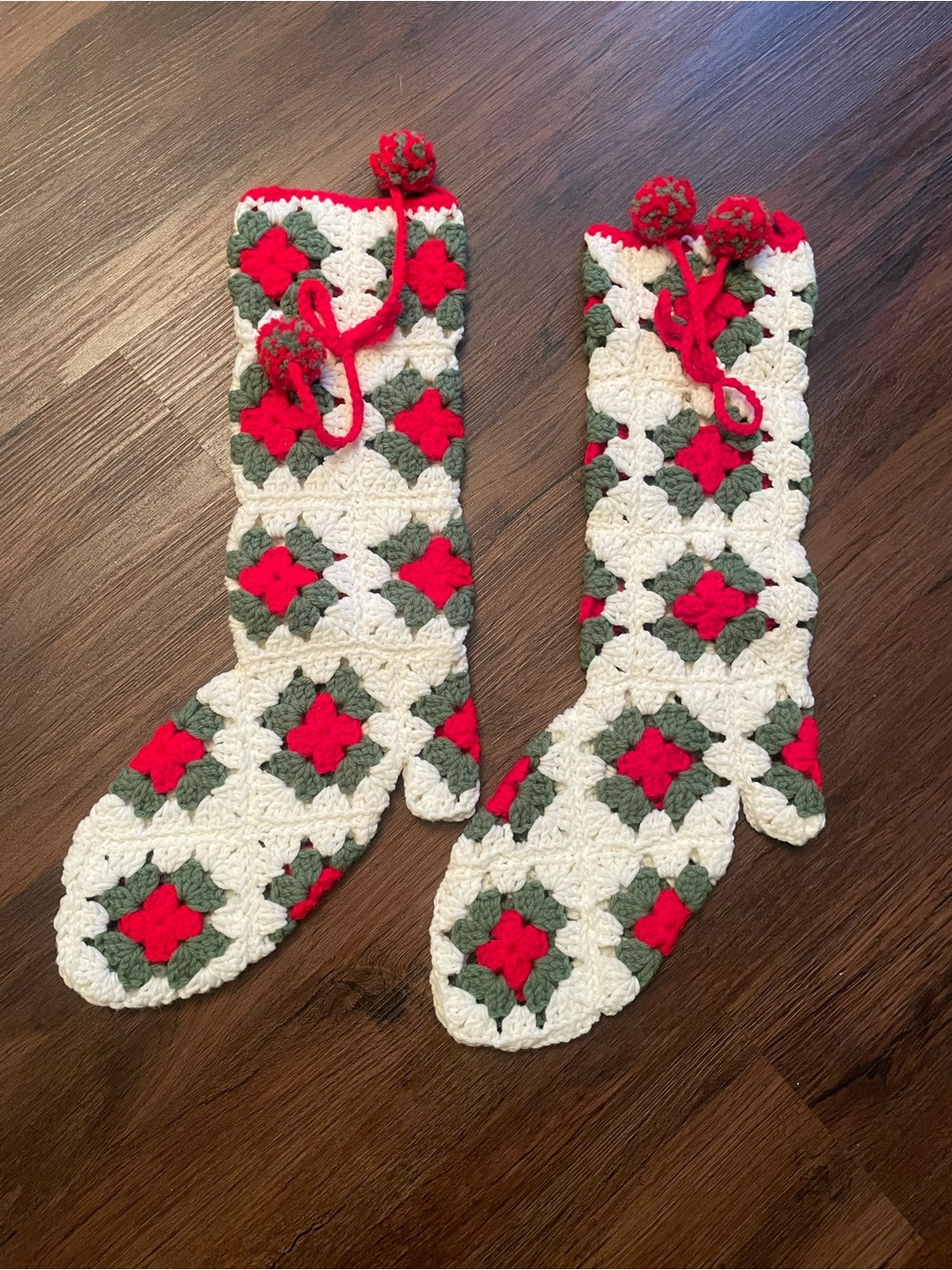 Vintage Granny Square Christmas Stocking Handmade 19” Red Green White Set Of 2